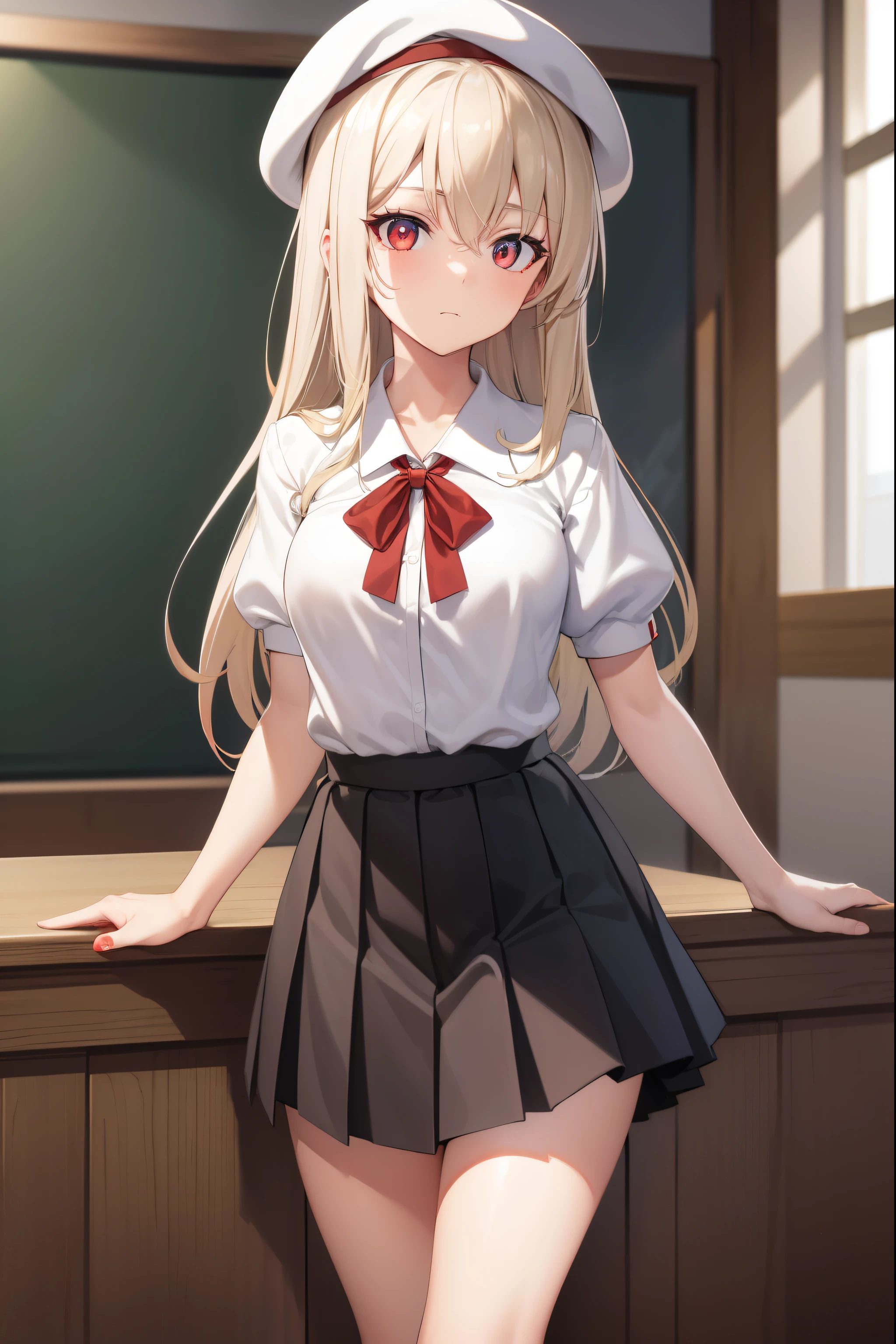 illyasvielvoneinzbern, illyasviel von einzbern, blonde hair, hair between eyes, long hair, (red eyes:1.5),
BREAK beret, black skirt, brown footwear, collared shirt, hat, homurahara academy school uniform, kneehighs, loafers, pleated skirt, puffy short sleeves, puffy sleeves, red ribbon, ribbon, school uniform, shirt, shoes, short sleeves, skirt, socks, white headwear, (white shirt:1.5), white socks,
BREAK indoors, classroom,
BREAK looking at viewer, (cowboy shot:1.5),
BREAK (masterpiece:1.2), best quality, high resolution, unity 8k wallpaper, (illustration:0.8), (beautiful detailed eyes:1.6), extremely detailed face, perfect lighting, extremely detailed CG, (perfect hands, perfect anatomy),