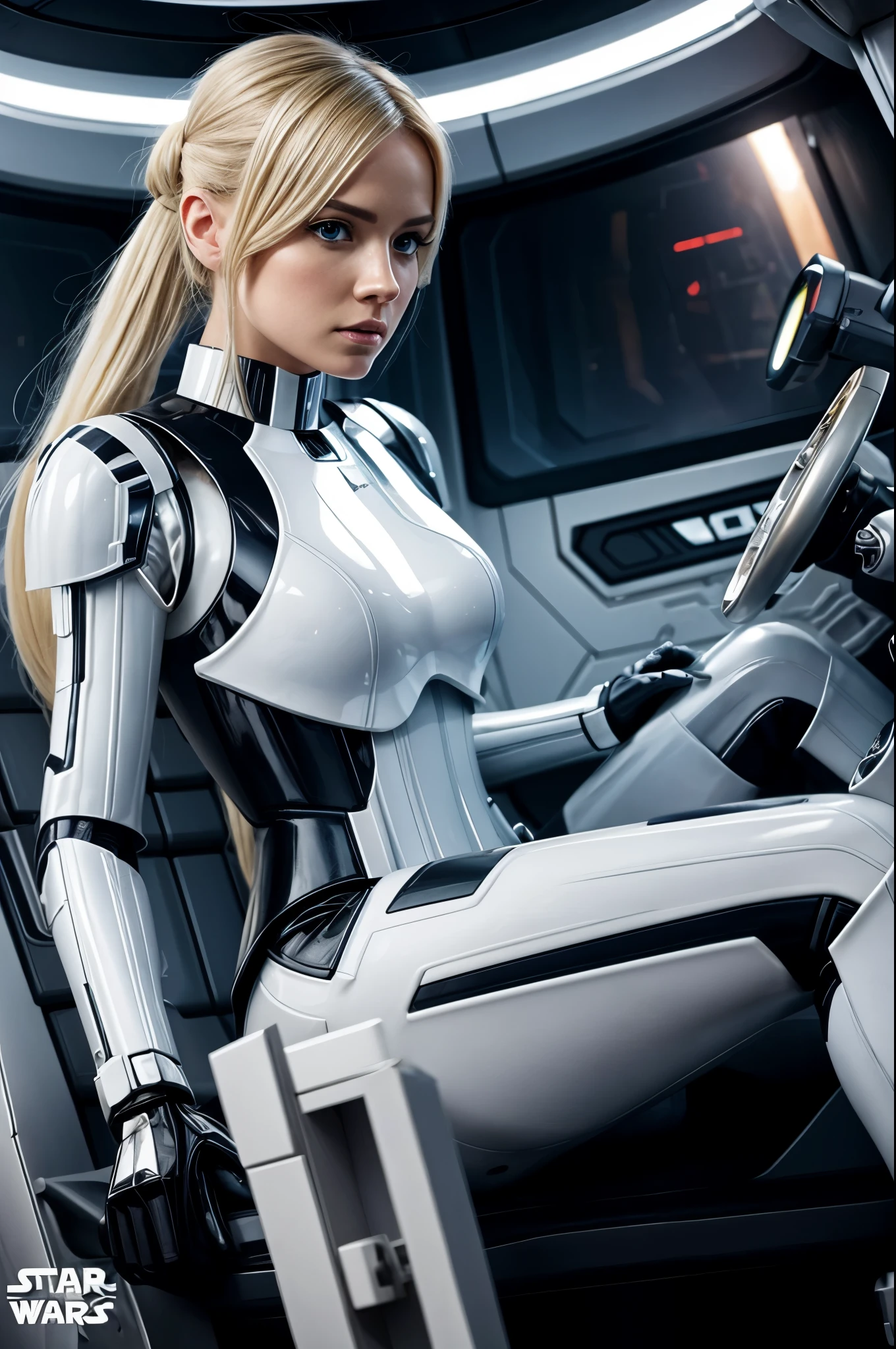 there a blonde woman in a star wars costume in a spaceship, an stormtrooper armour from star wars, imagen cuerpo completo, piernas largas, cintura pequeña, rostro con pecas, cabello rubio dorado, ojos azules, futuristic starship crew member, solo female character, hyper realistic sci fi realistic, cinematic highly detailed, sci fi female character, 8 k high detail and intricate, sci-fi female, highly detailed vfx portrait of, sci-fi highly detailed