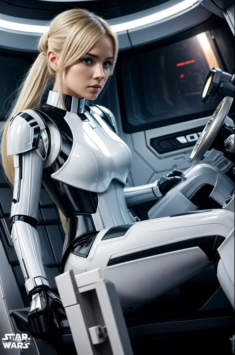 there a blonde woman in a star wars costume in a spaceship, an stormtrooper armour from star wars, imagen cuerpo completo, piern...