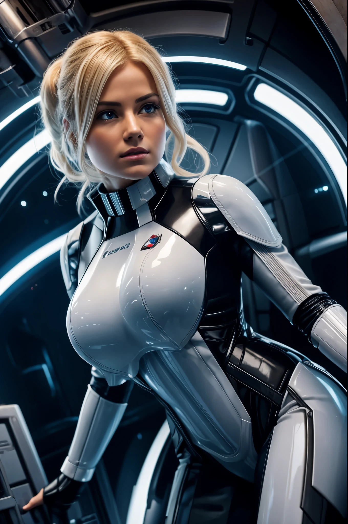 there a blonde woman in a star wars costume in a spaceship, an black stormtrooper armour from star wars, imagen cuerpo completo, piernas largas, cintura pequeña, rostro con pecas, cabello rubio dorado, ojos azules, futuristic starship crew member, solo female character, hyper realistic sci fi realistic, cinematic highly detailed, sci fi female character, 8 k high detail and intricate, sci-fi female, highly detailed vfx portrait of, sci-fi highly detailed