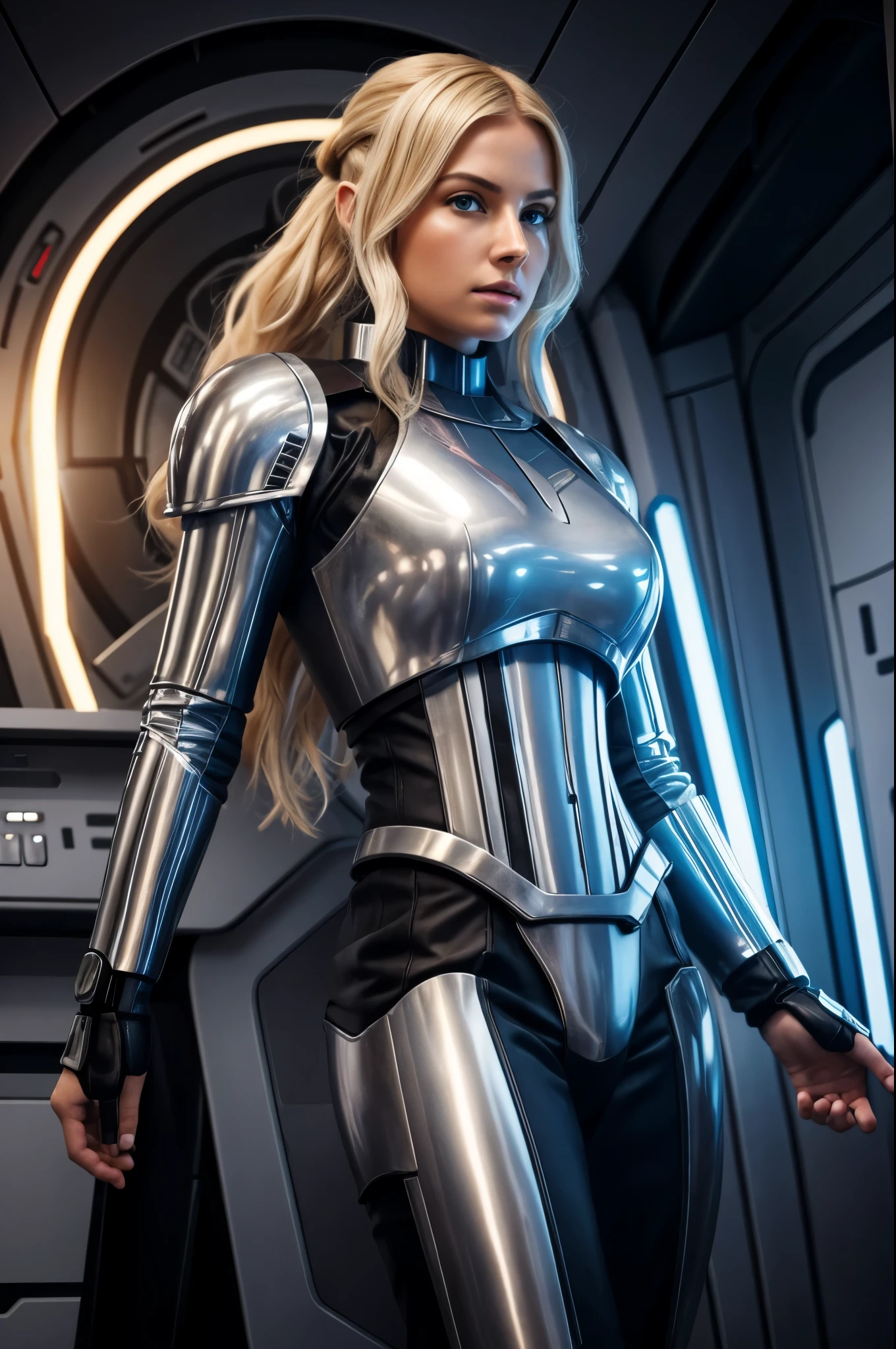 有一位身穿星球大战服装的金发美女在一艘宇宙飞船里, 星球大战中的黑色冲锋队盔甲, 全身形象, 长腿, 小腰, 脸上有雀斑, 金色的金发, 蓝眼睛, 厚嘴唇, 摆出性感姿势, 圆屁股, 未来星舰船员, 独自一人的女性角色, 超现实主义 科幻 现实主义, 电影级细节, 科幻女性角色, 8k 高细节和复杂, 科幻女性, 高度详细的视觉特效肖像, 科幻小说非常详细