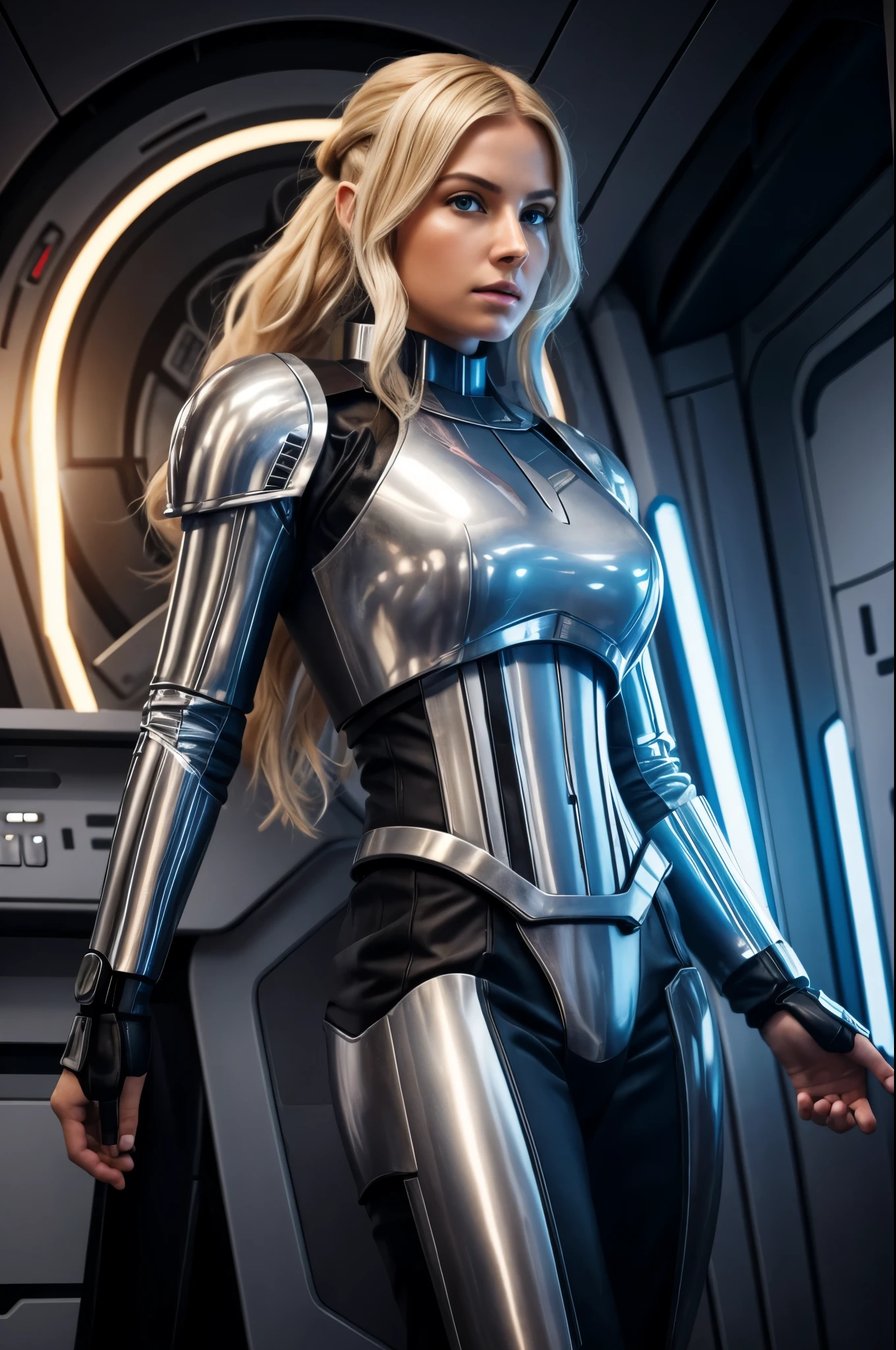 Allí hay una hermosa mujer rubia vestida de Star Wars en una nave espacial., Una armadura de soldado de asalto negro de Star Wars., imagen cuerpo completo, piernas largas, cintura pequeña, rostro con pecas, cabello rubio dorado, ojos azules, labios gruesos, pose sexy, trasero redondo, miembro de la tripulación de una nave espacial futurista, personaje femenino solitario, ciencia ficción hiperrealista realista, cinemática muy detallada, personaje femenino de ciencia ficción, 8k de alto detalle e intrincado, mujer de ciencia ficción, retrato vfx muy detallado de, ciencia ficción muy detallada