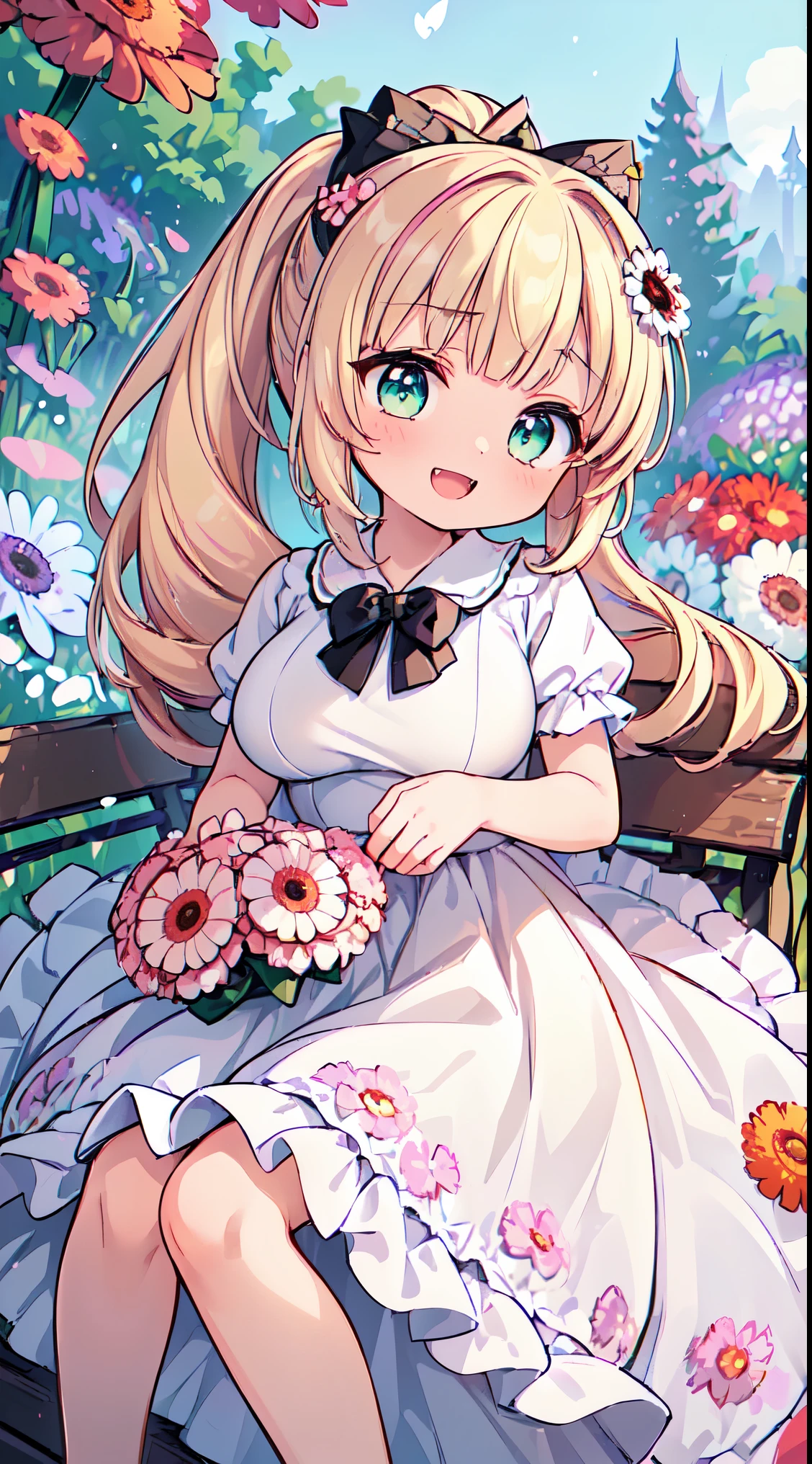 (masterpiece, top quality, best quality, official art, beautiful and aesthetic:1.2),ultra-detailed,intricate details,amazing illustration,award-winning art,atmospheric, 
BREAK, 1 beautiful girl, girl, (cute:1.5),(chibi:0.5),(cute:2.0),(loli:2.0),(12 year old girl),(big breasts:1.65),(chin hair,blond hair,blue bow,green eyes,eyebrows showing through hair,side locks,split bangs long hair, hair flowers, hair ornament, big bows in hair, curly hair, ponytail:1.6),:el, white feathers, one slender white winged, Ang el wings, spread wings, shining wings),pit \black},sparkling skin, clear skin, glowing beautiful skin, open mouth, bashful smile, solo, fangs, upper teeth,(long eyelashes, double eyelids:1.2),solo, sparkling skin, clear skin, glowing beautiful skin,(top quality face),(top quality shining eyes),(fun, happy fluttering:1.45)

BREAK (white and pink theme:1.5), (white and pink Classical lolita fashion:1.5),(white and pink Princess dress adorned with a plethora of fresh gerbera (in various vibrant colors:1.2):1.5), (voluminous frills:1.3), (Basque waist:1.3), ((crinoline, long multilayer-voluminous ruffle skirt)  adorned with  a plethora of fresh gerbera (in various vibrant colors:1.2):1.5), (intricate floral lace embroidery:1.6), (Princess dress and ruffle skirt  adorned with  a plethora of fresh gerbera (in various vibrant colors:1.2):2.0),(white pink heels adorned with fresh gerbera flowers in various colors:1.2),(holding a bouquet of brightly colored flowers:1.1),

BREAK (background of beautiful detailed Bench under the proof in the park at noon:1.3), (lying on lap:1.9),(knees together feet apart) 1.35),

BREAK,wakame,wakame,wakame,(Cowboy Shot:1.4),

BREAK,(Blurry background:1.3),(absurderes, hight resolution, Super Detail Art),cel shading,Clear Color, Lonely optical effect, Beautiful pictures, Bright glow, mystic atmosphere,(Close-up of girl:1.1), Mystical light particle effect,manga influence, clean line drawings,