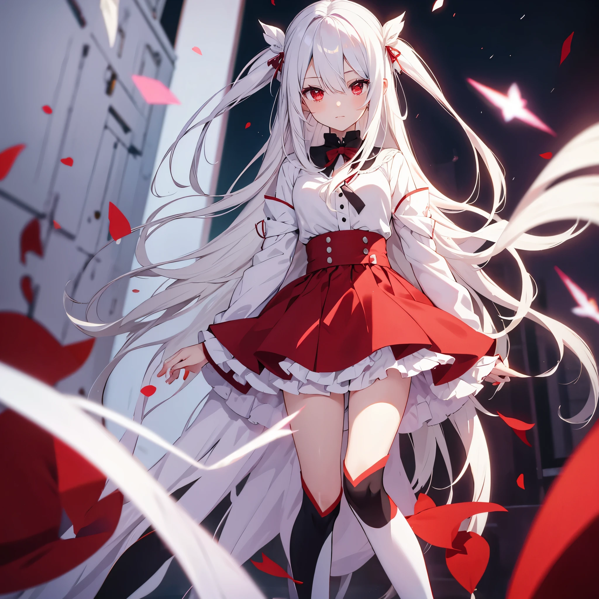 Anime shoujo，white hair，red eyes，Uniformarefoot