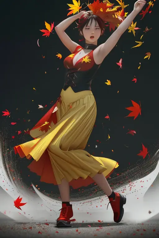 dynamic illustration of red yellow maple leaves drifting falling, silhouette art, a girl dancing, leaves floating in the air, st...