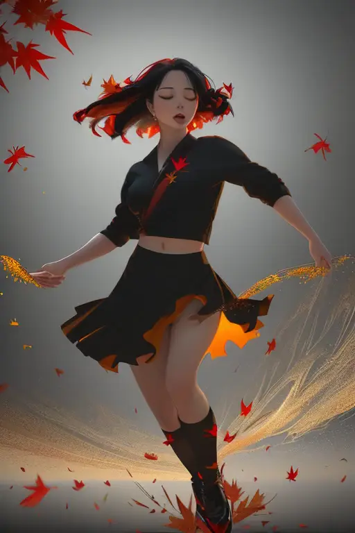 dynamic illustration of red yellow maple leaves drifting falling, silhouette art, a girl dancing, leaves floating in the air, st...