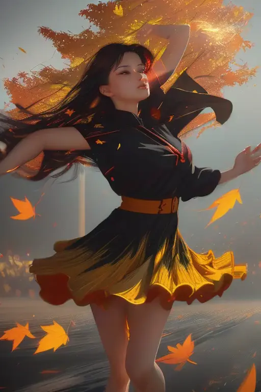 dynamic illustration of red yellow maple leaves drifting falling, silhouette art, a girl dancing, leaves floating in the air, st...