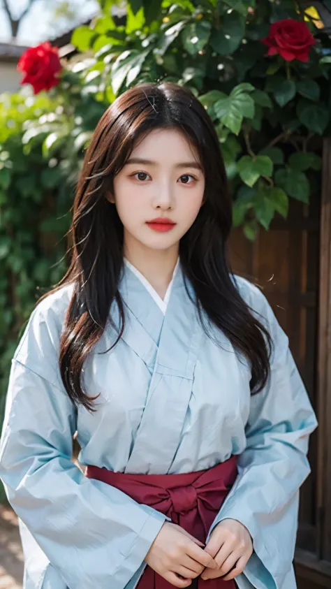 20 years old Korean woman, Wavy long hair, Wearing a traditional Korean clothes Hanbok, Medium breast, Standing pose next to a rose, In the backyard, High Resolution, High Details, High Quality, Face detail, POV.