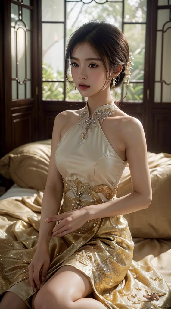 (​masterpiece、top-quality、detaile、hight resolution、extremely delicate and beautiful:1.3)、 beautifuly detailed skin, intriciate detail, The ultra-detailliert, Cinematic lighting,Beautuful Thai Women 、Thai dress、Thai palace 