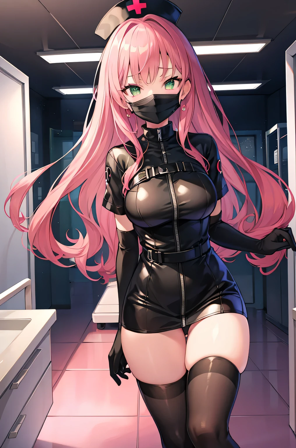 black nurse, 1woman, solo, black nurse cap, black wear, ((black legwear, zettai ryouiki)), black elbow gloves, pink hair, green eyes, drooping eyes, ((black surgical mask, covered nose)), standing, ((surgery room)), sharp outline, short sleeves, mature female, 32 years old, best quality, masterpiece