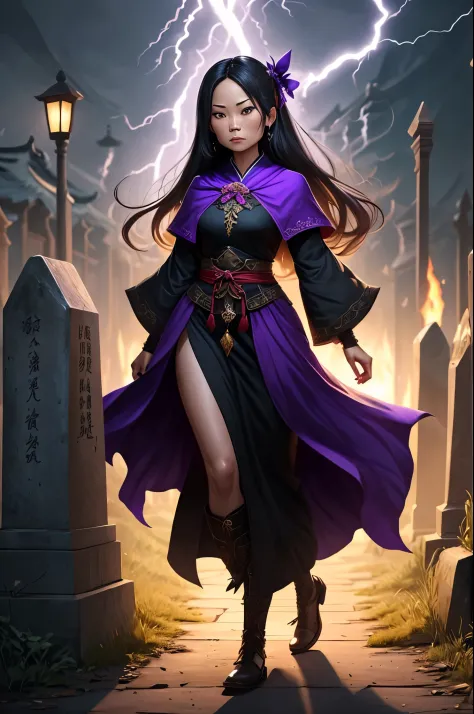 lucy liu (aged 20) is a necromancer channeling dark magic, dressed in black and purple dress in a feudal asian cemetery at night...