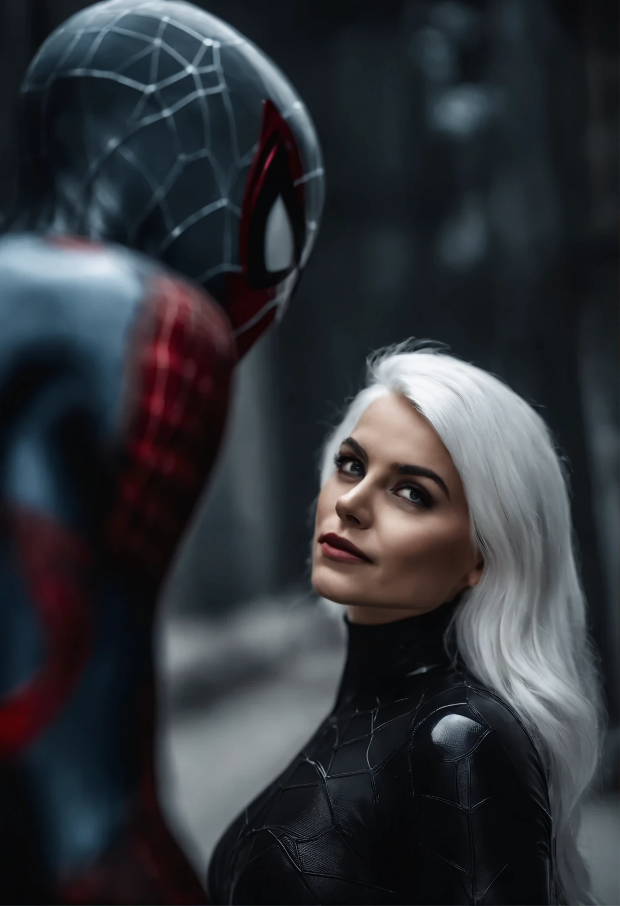 A woman in a black suit and a spider - man in a black suit - SeaArt AI