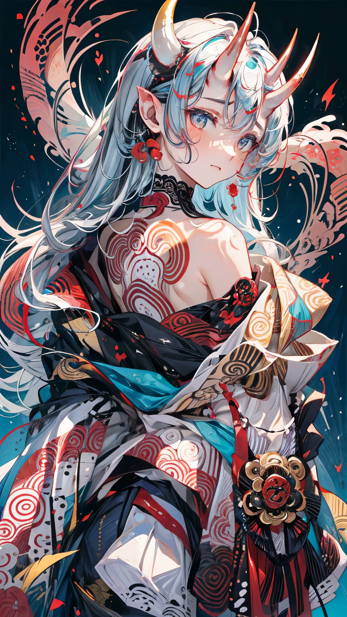 (masterpiece, top quality, best quality, official art, beautiful and aesthetic:1.2), mature body,medium breast,Extreme detailed,Sexy Demon,nipple, 1 girl, ,detailed partly shown breast kimono, (2 small oni horns:1.6), flames around, glowing body, Colorful, Highest detailed, Cold light,  tatoos