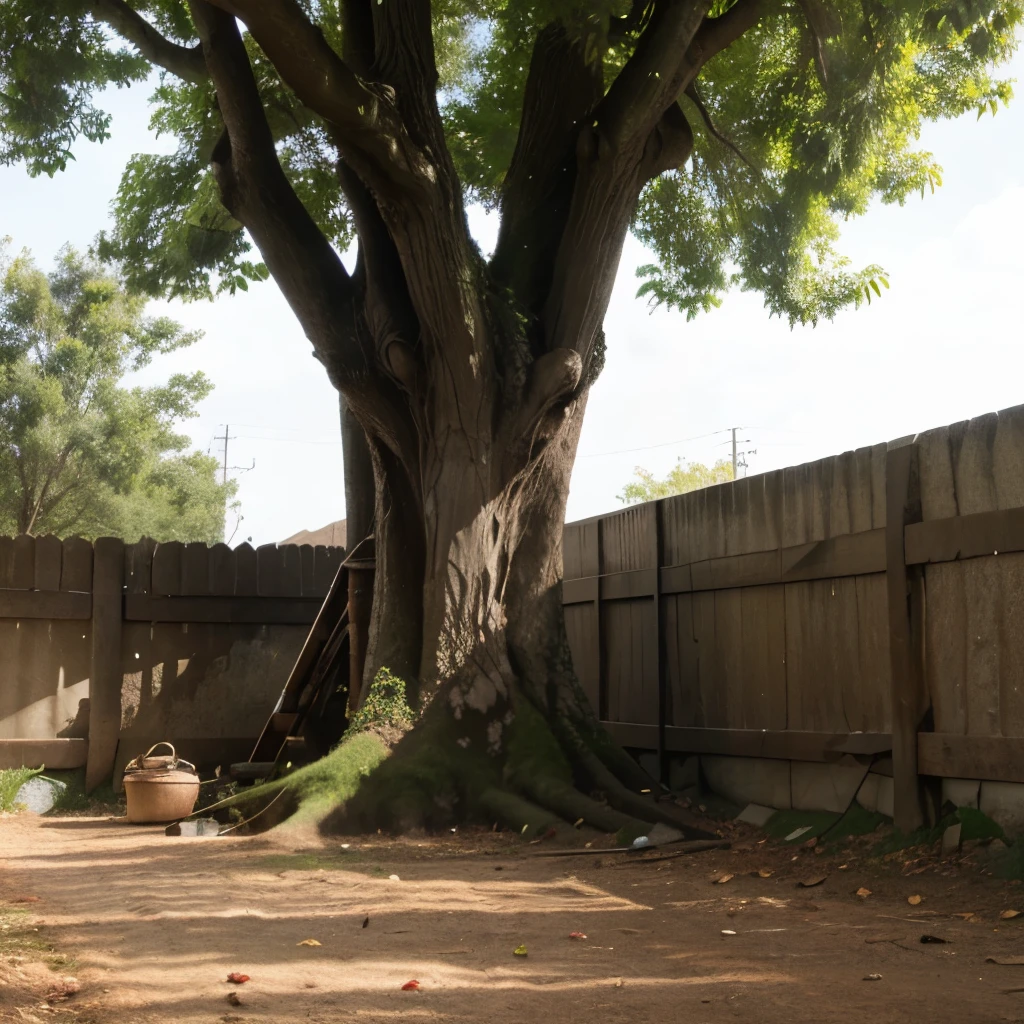 There is a large tree that is next to a fence - SeaArt AI