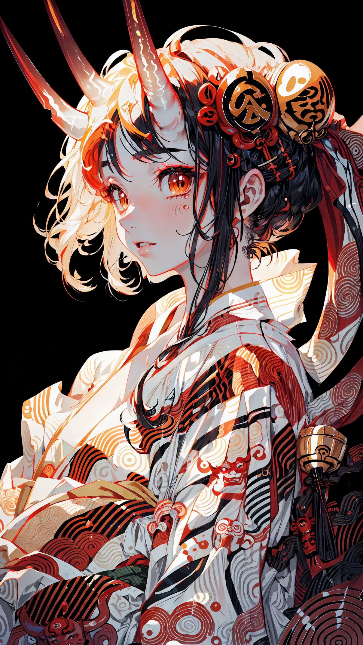 (masterpiece, top quality, best quality, official art, beautiful and aesthetic:1.2), Extreme detailed,Sexy Demon, 1 girl, large breasts,detailed partly shown breast yukata (2 small oni horns:1.6), flames around, glowing body,  , Colorful, Highest detailed, Cold light,  tatoos