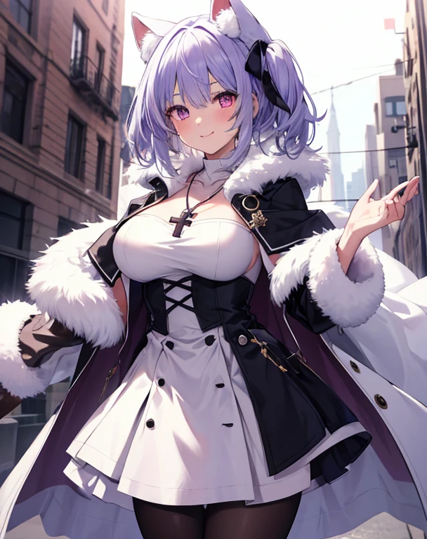 1 girl,alone,big breasts, have for, coat,white_dress,black pantyhose, heterochromia iris, fur capelet, murmanskorigin,light smile, cross necklace,purple eyes,  