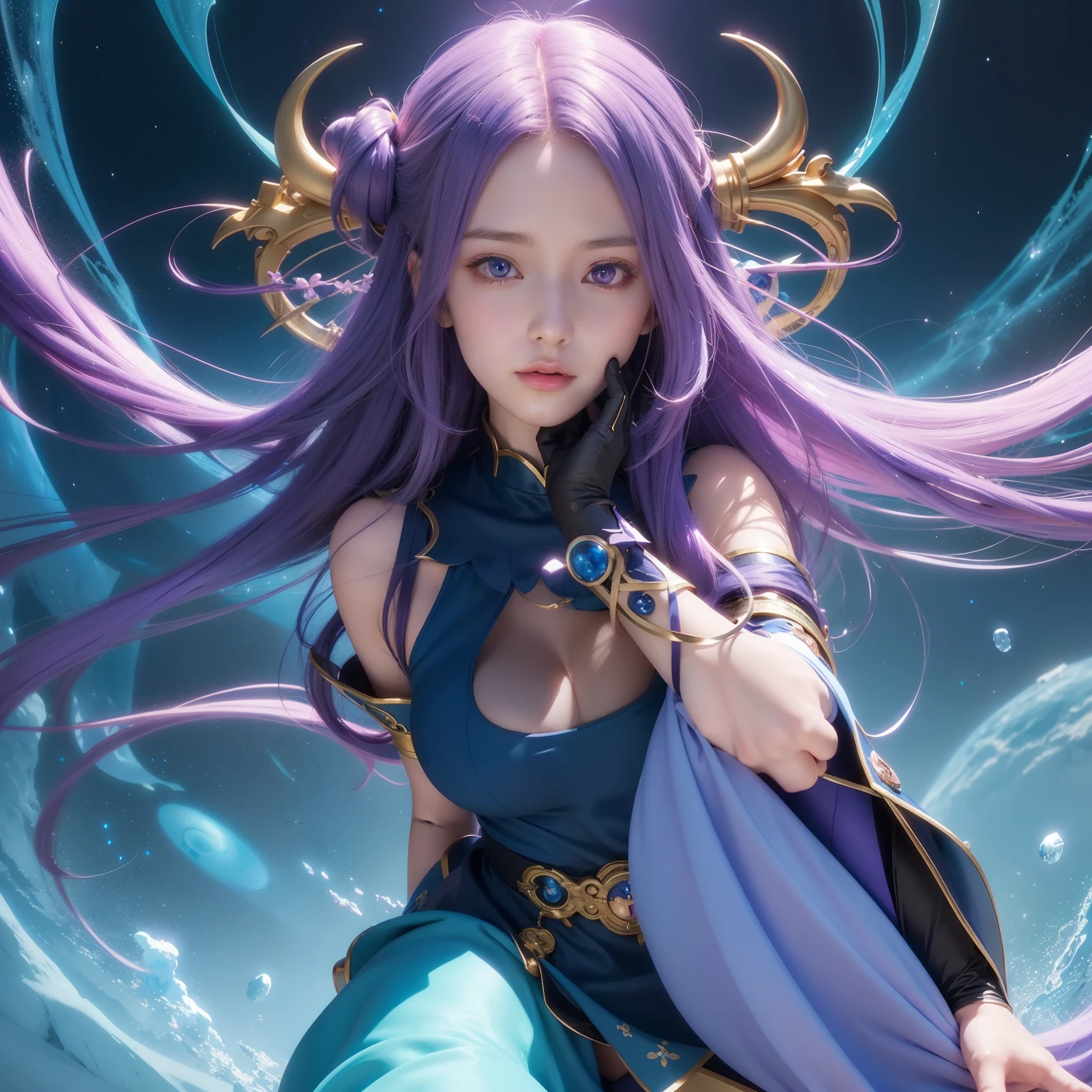 Anime girl avec de longs cheveux violets et une robe bleue pose pour une photo, style artistique fantastique, Tendance sur CGSTATION, Anime girl avec des cheveux spatiaux, illustration fantastique d&#39;anime, 2. Oeuvre fantastique d&#39;anime CGI 5D, beau magicien céleste, Anime de style fantastique, Style animé. 8k, Style animé 4 k, 8k high quality detailed art, Belle œuvre d&#39;art numérique