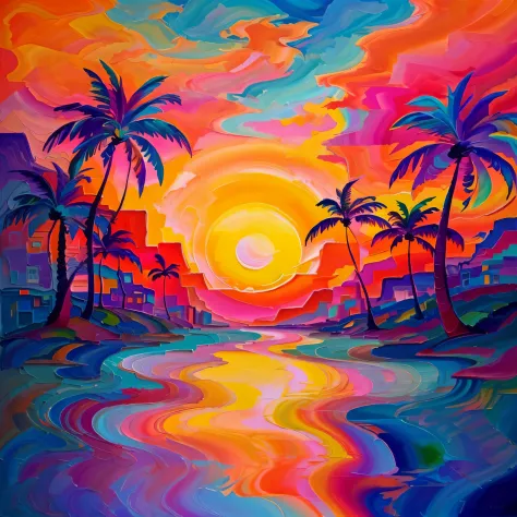 a painting of a sunset with palm trees and a body of water, beautiful art, an abstract landscape, jen bartel, stunning art style...