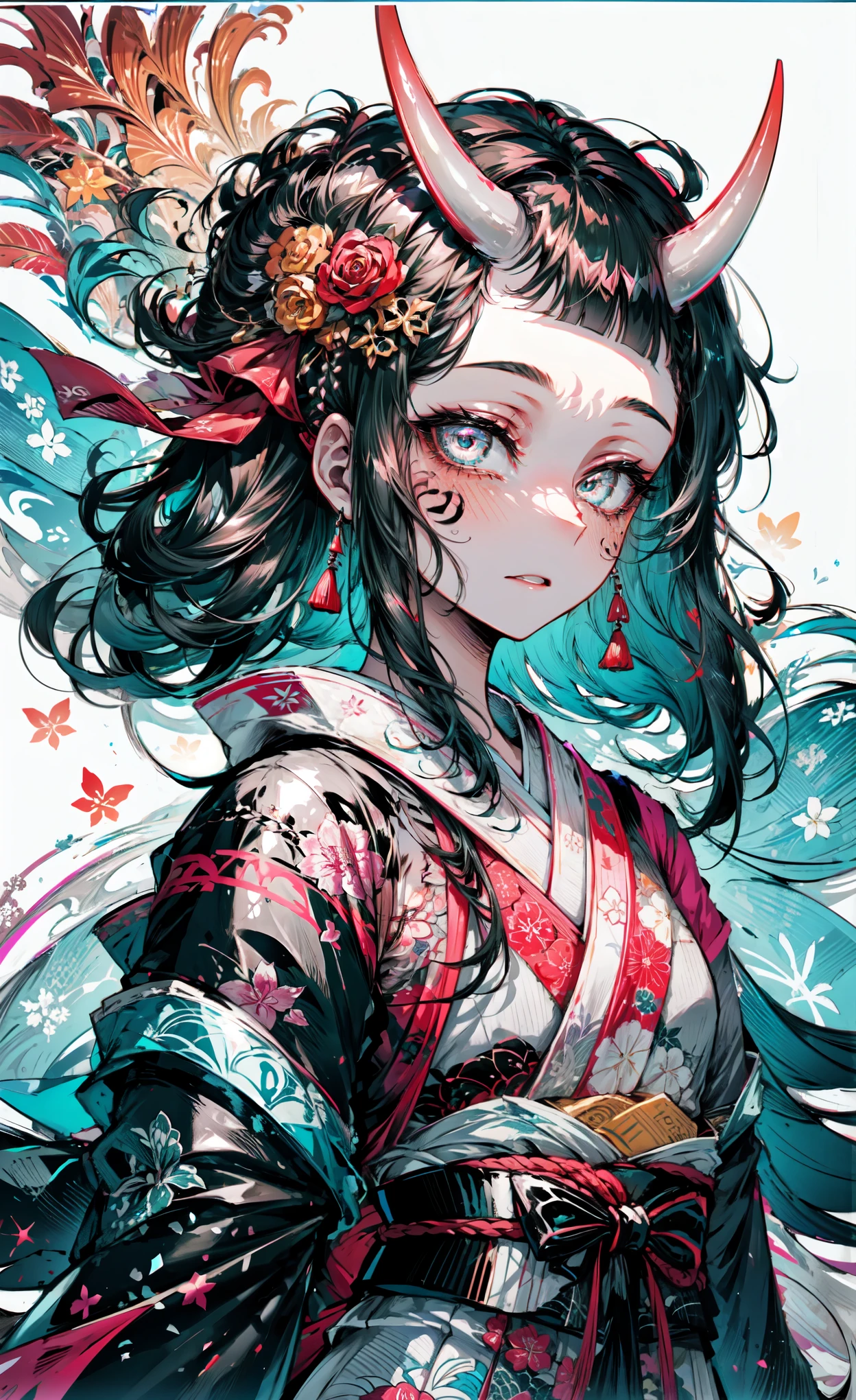 melhor qualidade,Obra de arte,Detalhes intrincados:1.2,rosto bonito,ukiyoe,1 garota,uma garota de quimono estampado,olhe para o visualizador:1.3,tatuagem no rosto:1.2,chifre de oni pequeno