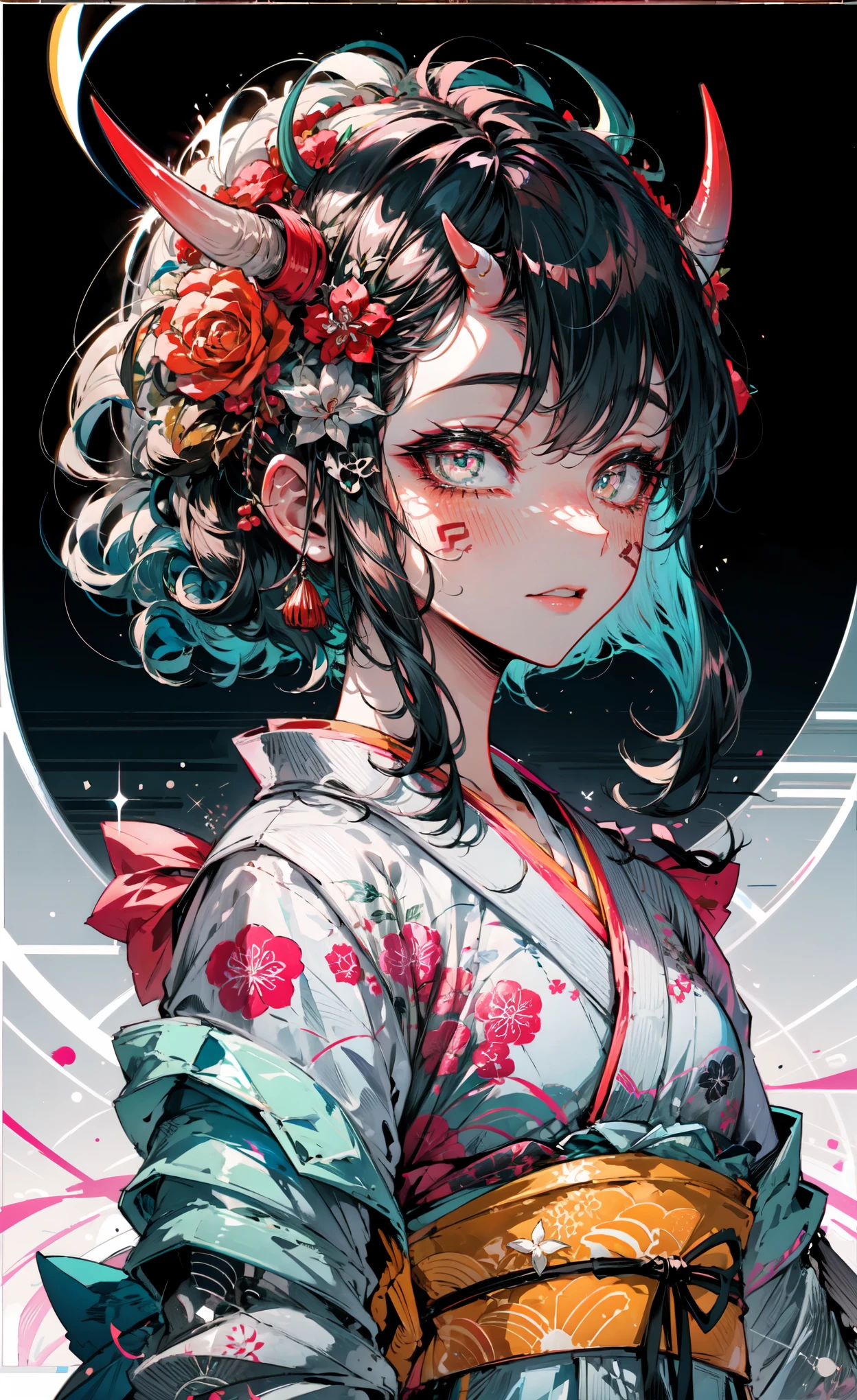 mejor calidad,obra maestra,detalles intrincados:1.2,Hermoso rostro,ukiyoe,1 chica,una chica con kimono estampado,mirar al espectador:1.3,tatuaje de cara:1.2,Cuerno oni pequeño