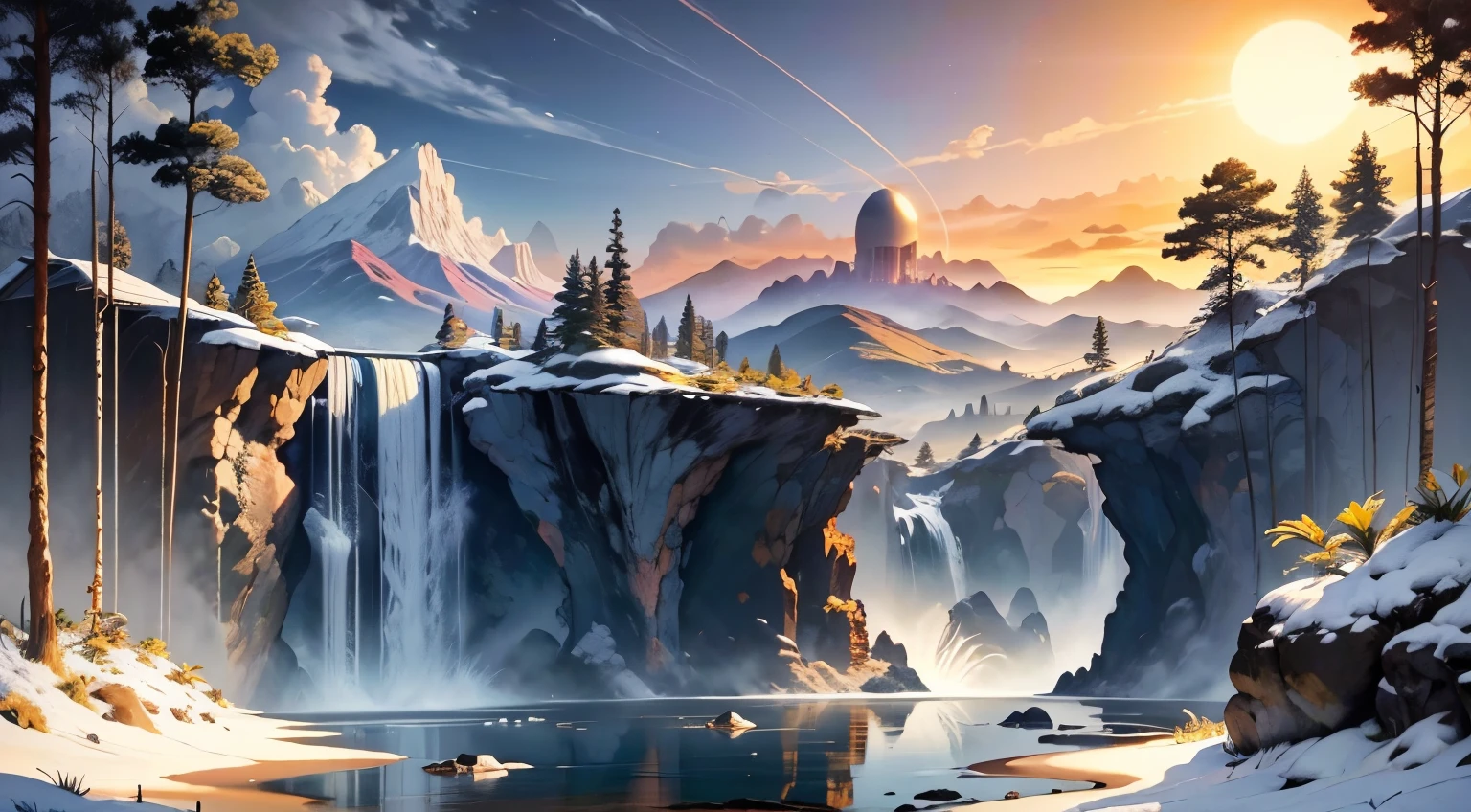 Una imagen que representa un amanecer radiante sobre un paisaje pacífico y sereno.