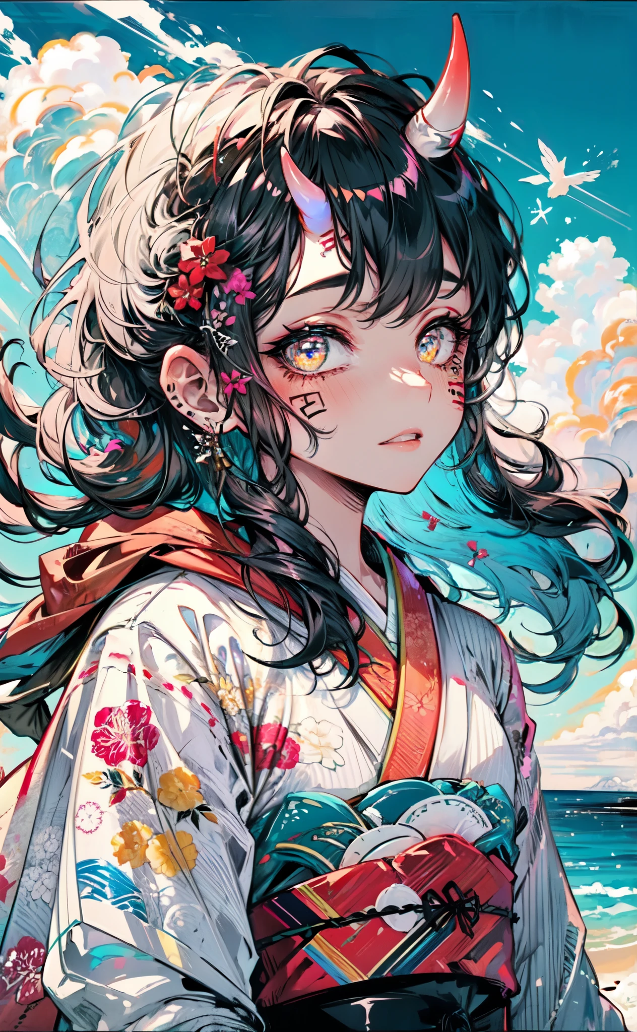 (best quality, high details:1.2), (scenery:1.3), beautiful face, 1girl, a girl in a patterned kimono, (looking at the viewer:1.3), (face tattoo:1.2), small oni horn,