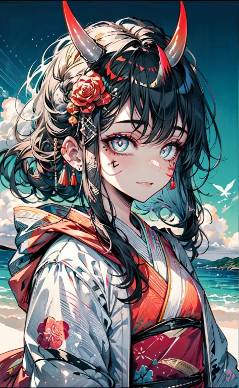 (best quality, high details:1.2), (scenery:1.3), beautiful face, 1girl, a girl in a patterned kimono, (looking at the viewer:1.3...