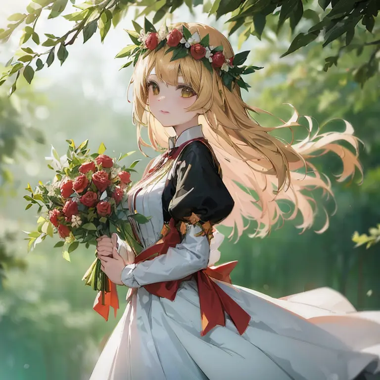 anime girl with long blonde hair holding bouquet of flowers, cute anime wife in a nice dress, magical forest maid, beautiful mai...