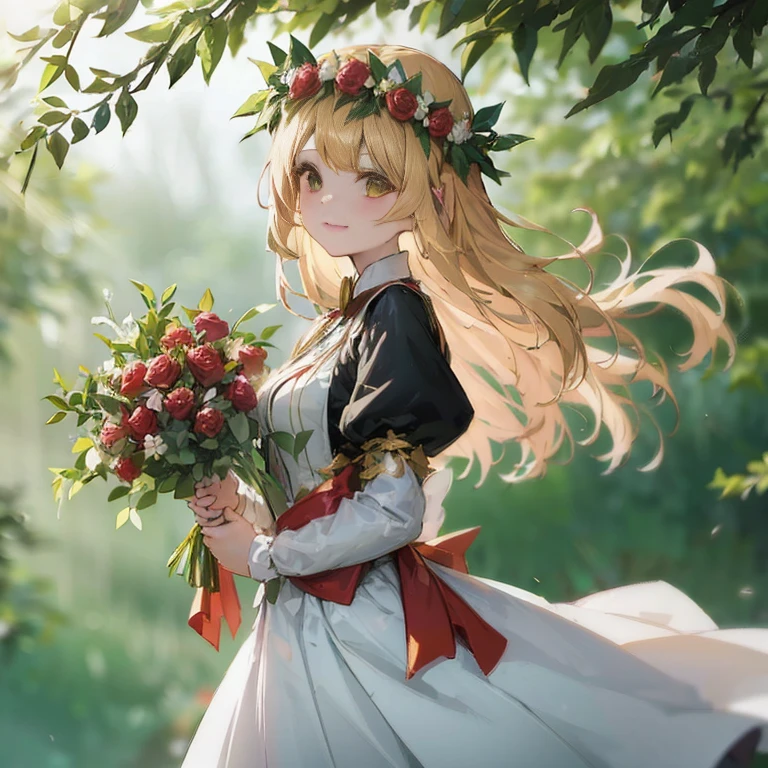 Anime girl with long blonde hair holding bouquet of flowers, Cute anime wife in a nice dress, magical forest maid, beautiful maiden, Kushart Krenz Key Art Feminine, loli in a dress, long hair blonde anime girl, blonde hair princess, Google on pixiv artstation, beautiful anime portrait, beautiful anime girl