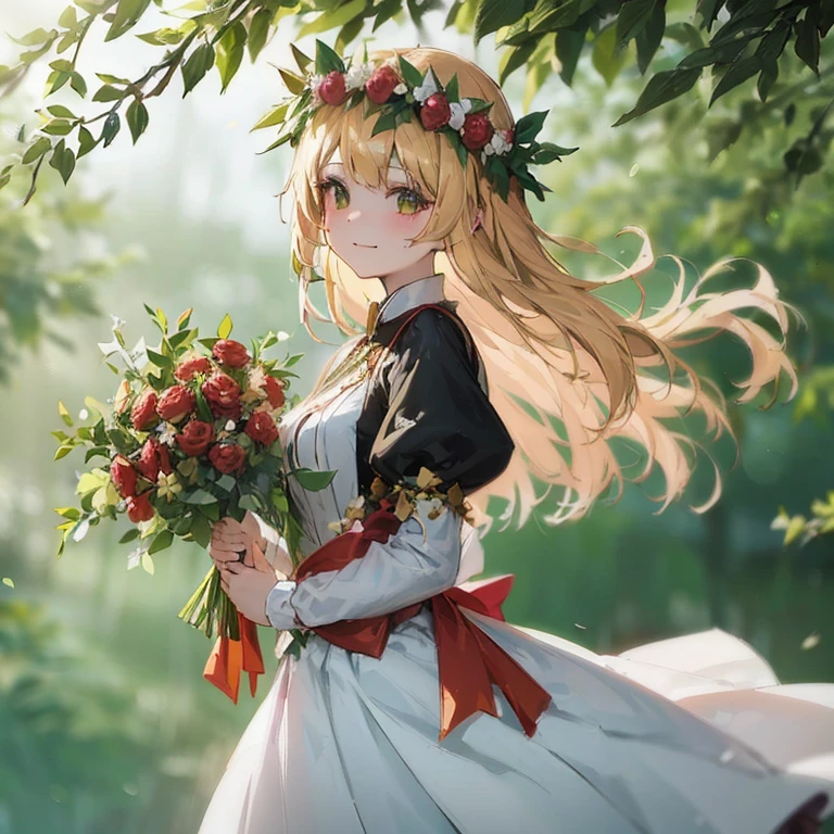 Anime girl with long blonde hair holding bouquet of flowers, Cute anime wife in a nice dress, magical forest maid, beautiful maiden, Kushart Krenz Key Art Feminine, loli in a dress, long hair blonde anime girl, blonde hair princess, Google on pixiv artstation, beautiful anime portrait, beautiful anime girl