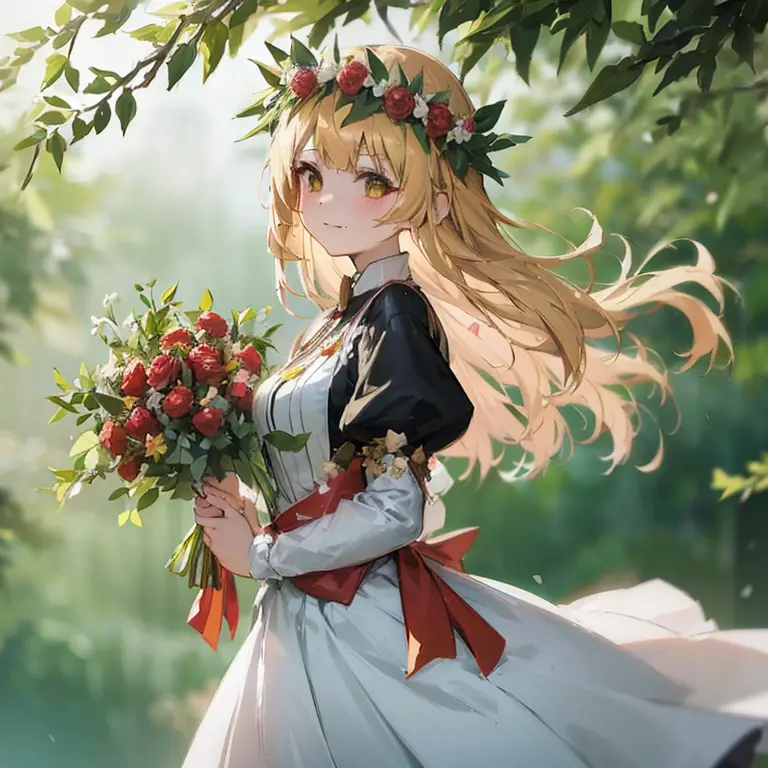 anime girl with long blonde hair holding bouquet of flowers, cute anime wife in a nice dress, magical forest maid, beautiful mai...