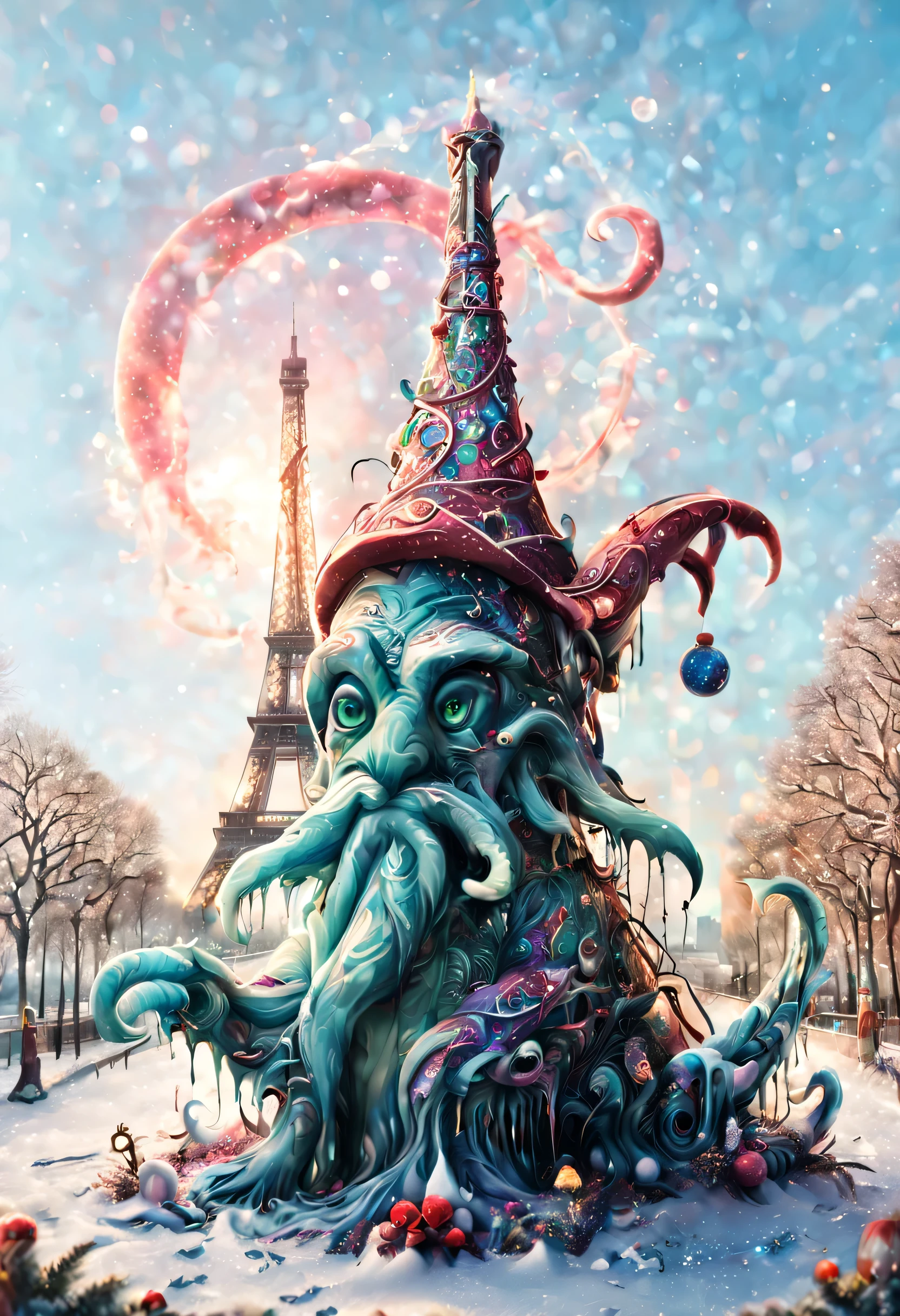 Create a surreal magical image featuring Kraken in Santa's hat, looking in camera. Behind him is the Eiffel tower in a bright daylight. An artistic sign that reads Eiffel is in the foreground. Nice winter landscape on background. Eiffel tower is covered with color lights and glitter. 