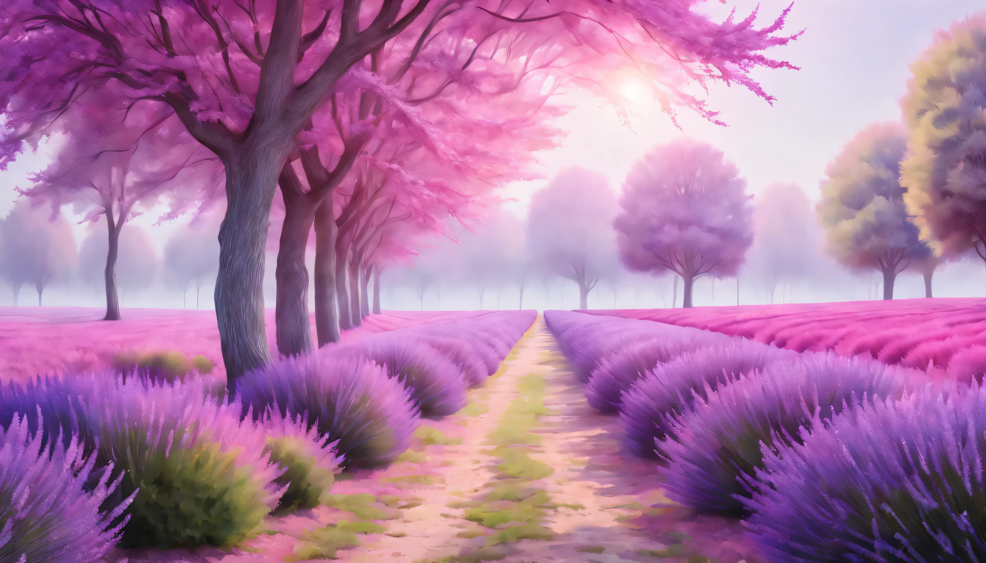 field with wall of trees with pastel pink and fuchsia colors with lavenders in the front, sunny day, Hyper realistic, obra maestra