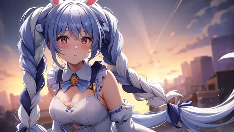 (shape: Used Pecora), Bunny girl, blue hair, twin braids, girl, alone, {{masterpiece}}, highest quality, Highly detailed CG Unit...