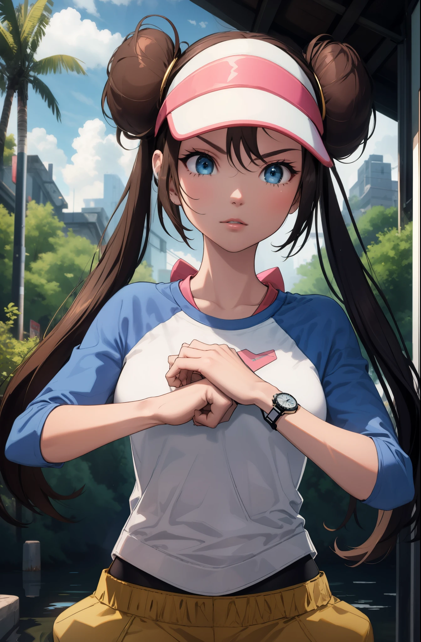 perfect eyes:1.2, detailed eyes:1.4, ro1, hair bun, fist in hand, angry, blue eyes, twintails, long hair, visor cap, pantyhose, raglan sleeves, yellow shorts, shirt, pink bow, wristwatch, blue eyes, visor cap, twintails, nice hands, nature, 1girl, solo, (masterpiece:1.6, best quality), 8k, insane details, intricate details, hyperdetailed, hyper quality, high detail, ultra detailed, professional, HDR, ray tracing reflection, cinematic lighting,
