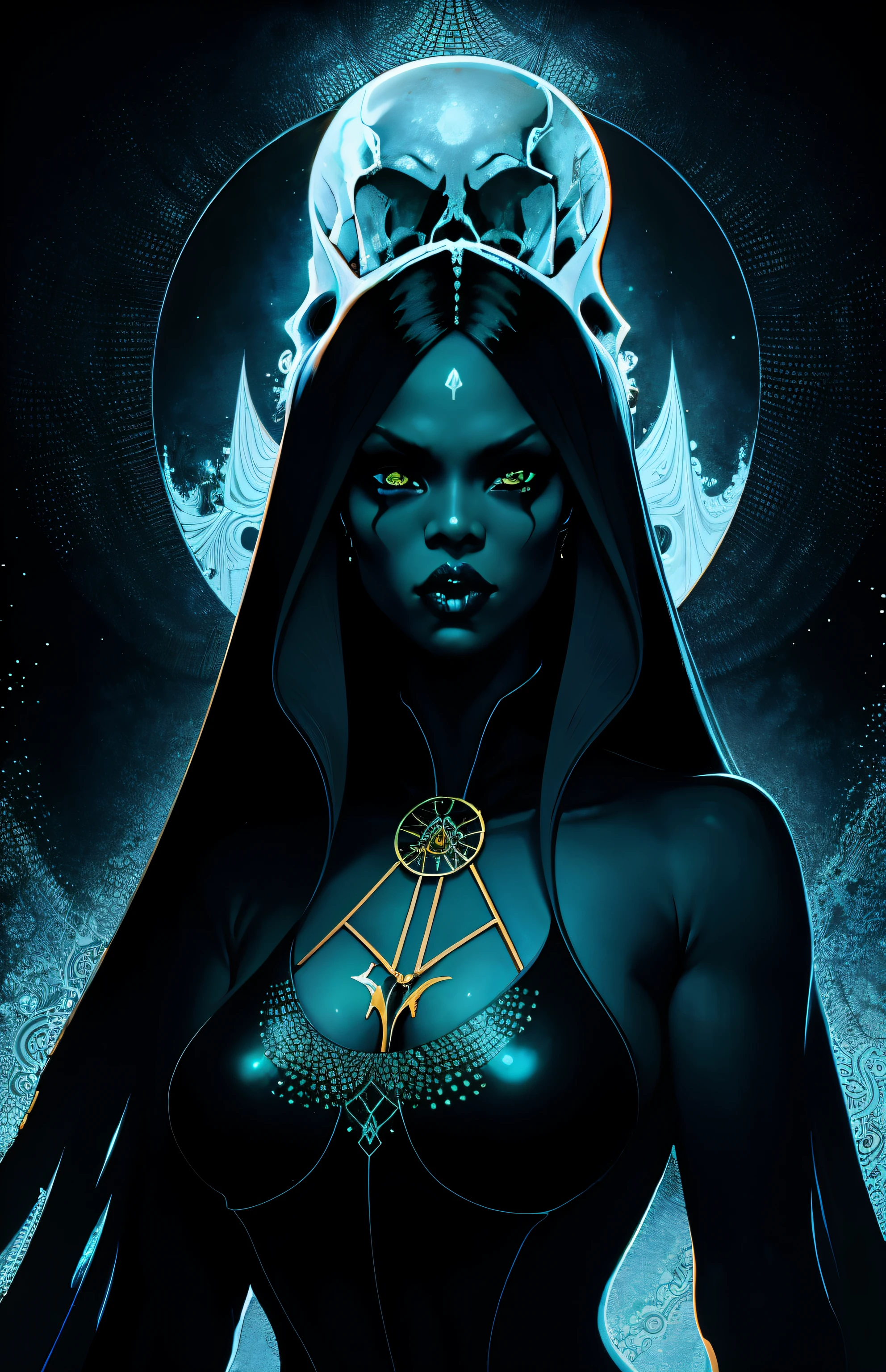 Tyra banks, malice, skulls, tendrils, dark atmospher, greyscale, detailed linework, cinematographic, Psychedelic, black with vibrant turquoise lines, ornate, symmetrical, Tarot card, highy detailed, ink illustration, style of peter mohrbacher, golden ratio