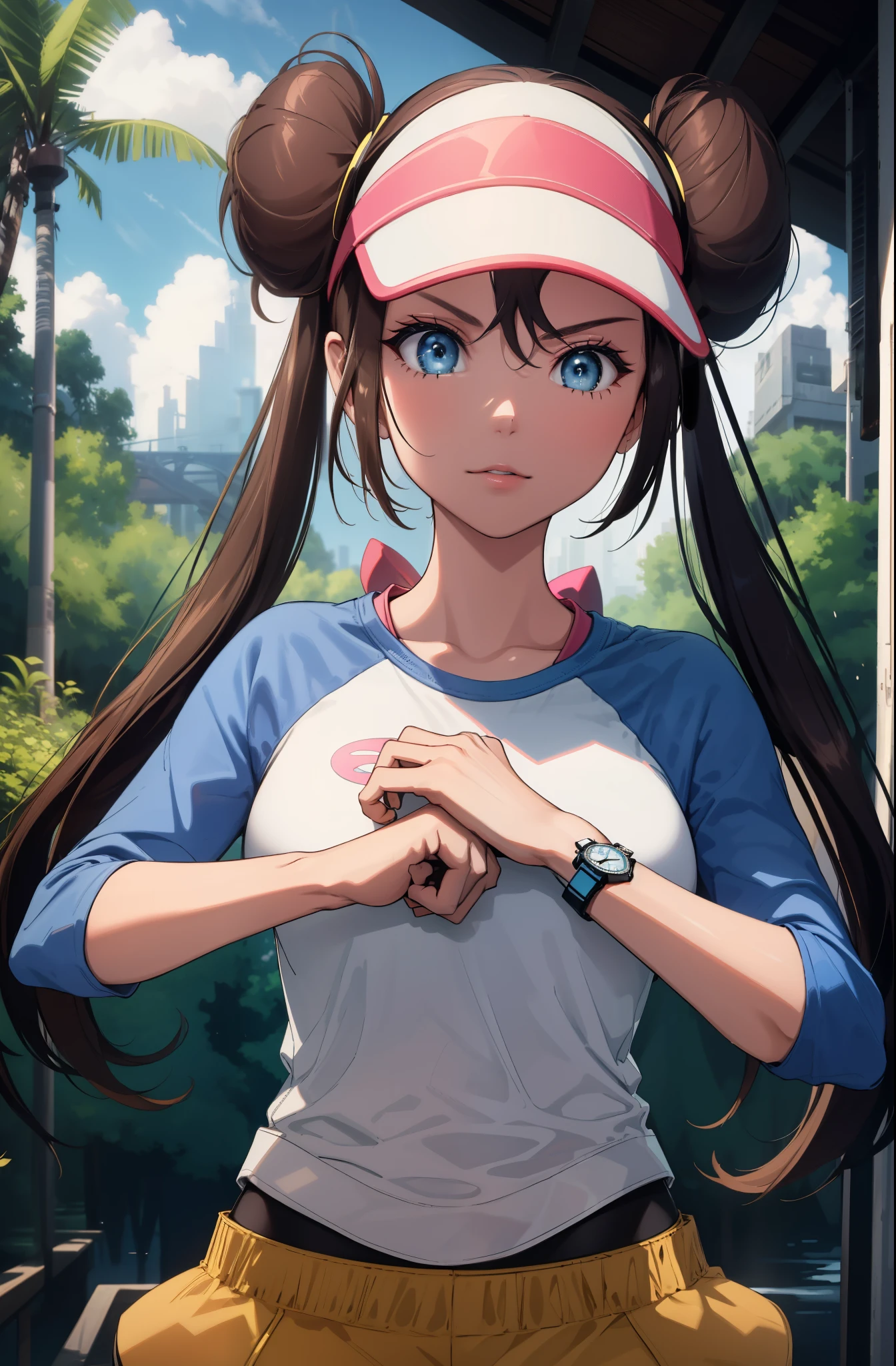 perfect eyes:1.2, detailed eyes:1.4, ro1, hair bun, fist in hand, angry, blue eyes, twintails, long hair, visor cap, pantyhose, raglan sleeves, yellow shorts, shirt, pink bow, wristwatch, blue eyes, visor cap, twintails, nice hands, nature, 1girl, solo, (masterpiece:1.6, best quality), 8k, insane details, intricate details, hyperdetailed, hyper quality, high detail, ultra detailed, professional, HDR, ray tracing reflection, cinematic lighting,
