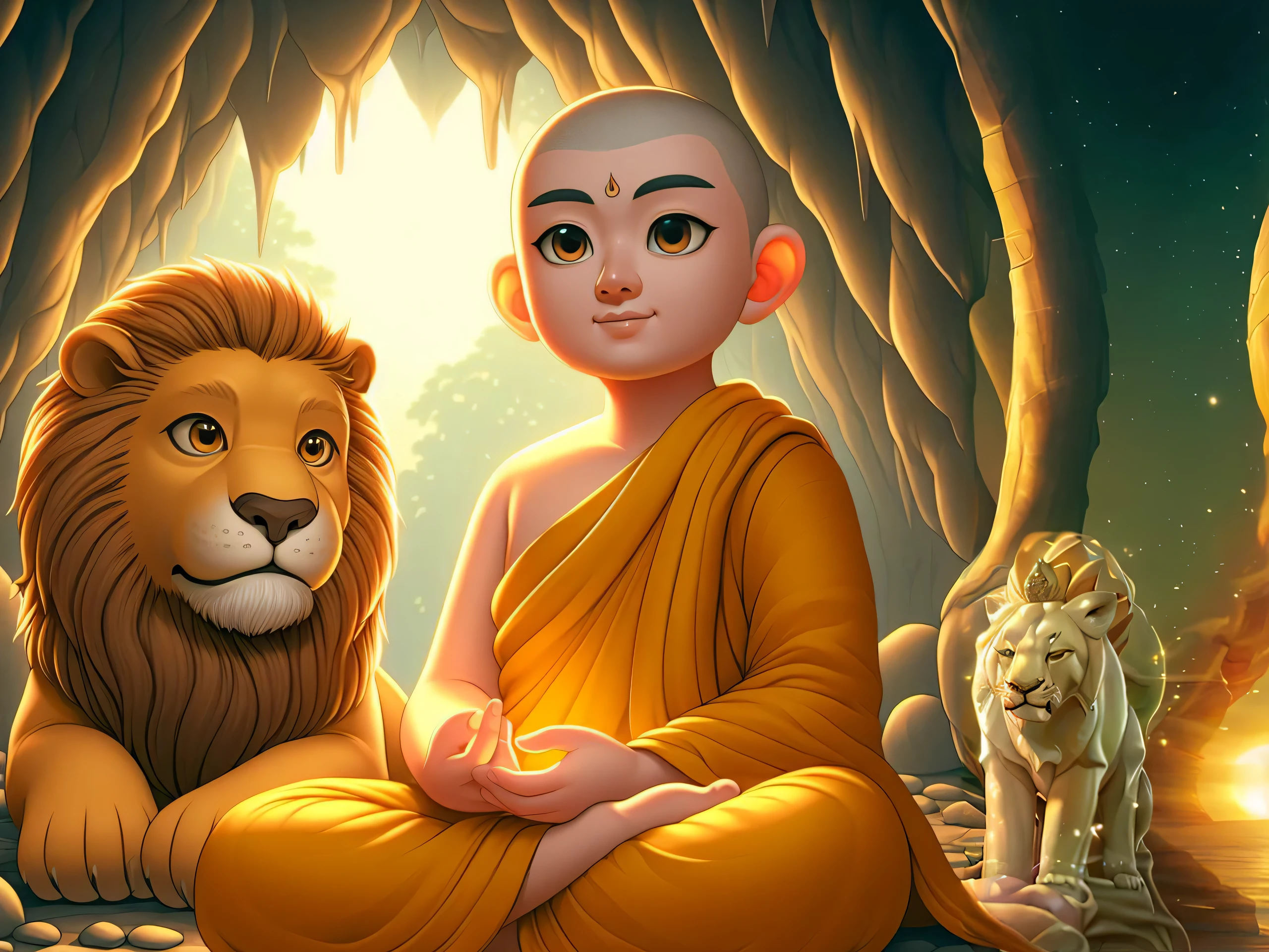 buddha sitting in a cave with a lion, buddhism, buddhist, monk meditate, buddhist monk meditating, the buddha, samsara, enlightenment, hindu stages of meditation, on path to enlightenment, buddha, on the path to enlightenment, best on adobe stock, buddhist monk, by Wayne England, amazing depth, a beautiful artwork illustration, inspired by Yerkaland, spiritual enlightenment