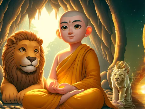 buddha sitting in a cave with a lion, buddhism, buddhist, monk meditate, buddhist monk meditating, the buddha, samsara, enlighte...