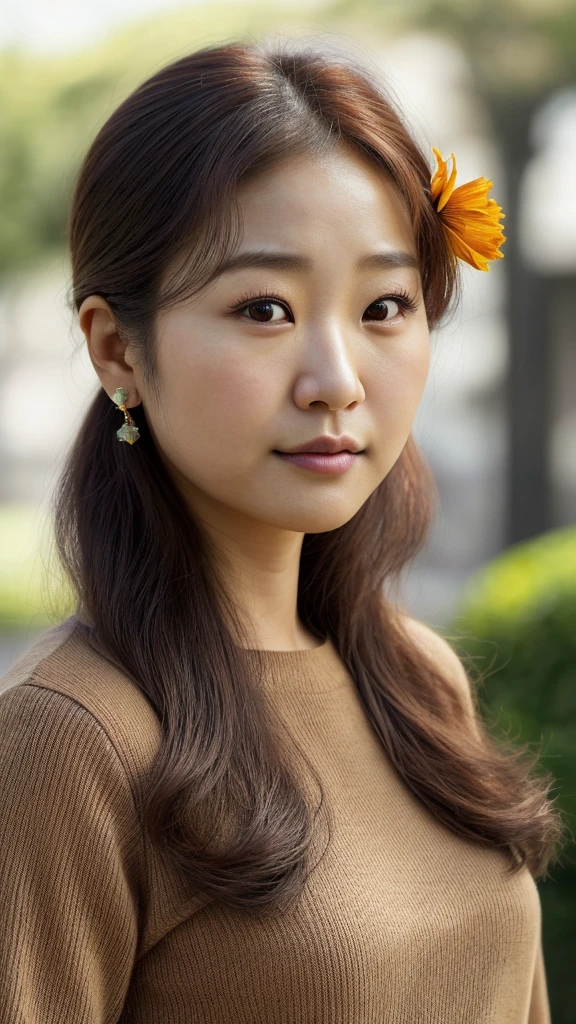 arafed woman with a flower in her hair and a brown sweater, this person does not exist, 2, cute japanese woman, petite, diminutive, curvy, park min young-jenna ushkowitz-gong li-ji woon kim-lee felix-cho yi hyun-brenda song-claudia kim-min yoongi merged, entire body visible, full body, hyperrealistic, best quality, 8K, real human skin, masterpiece, extremely intricate, medium closeup, detailed eyes, detailed face, detailed body, exaggerated features, pronounced features