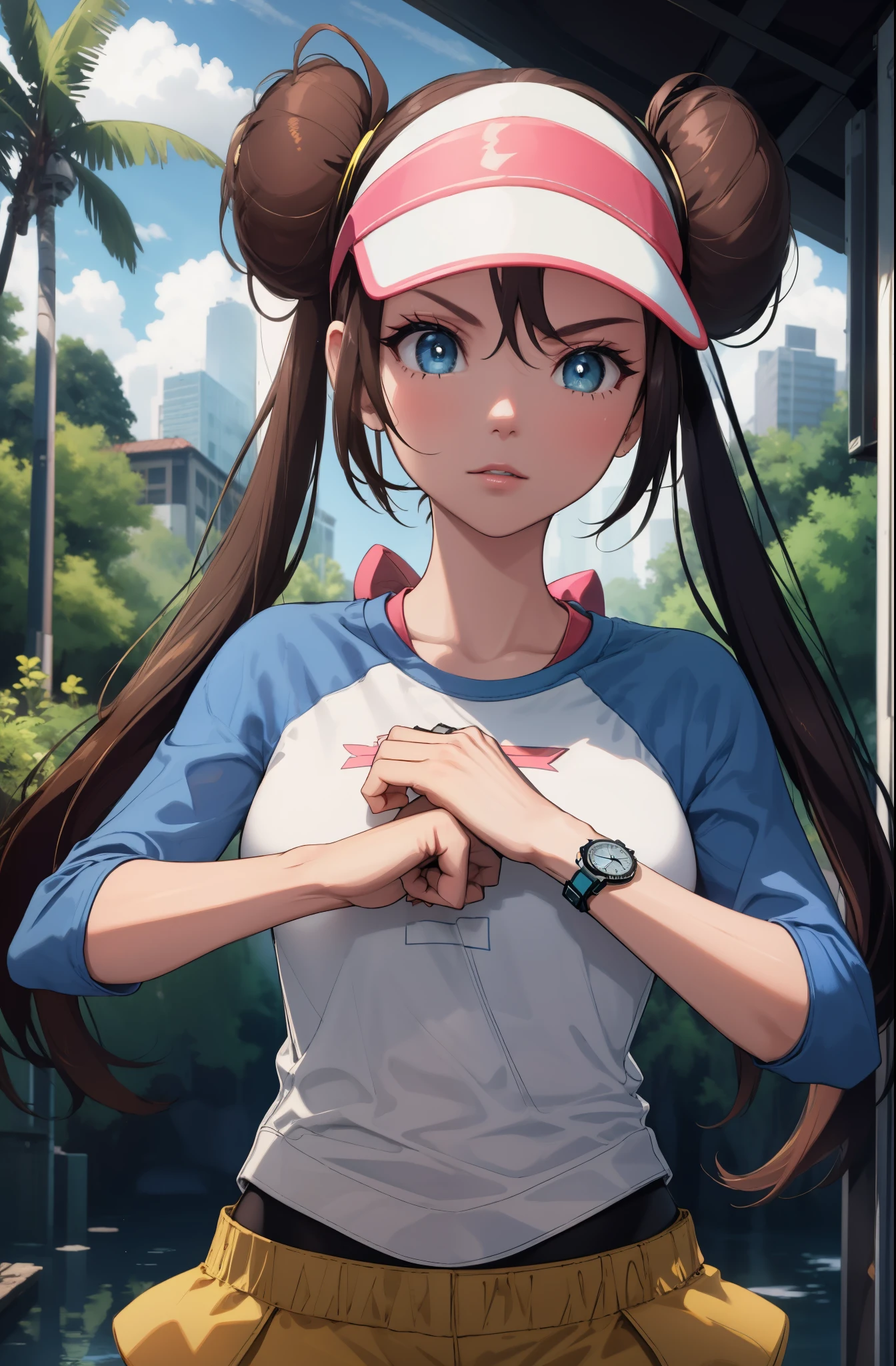 perfect eyes:1.2, detailed eyes:1.4, ro1, hair bun, fist in hand, angry, blue eyes, twintails, long hair, visor cap, pantyhose, raglan sleeves, yellow shorts, shirt, pink bow, wristwatch, blue eyes, visor cap, twintails, nice hands, nature, 1girl, solo, (masterpiece:1.6, best quality), 8k, insane details, intricate details, hyperdetailed, hyper quality, high detail, ultra detailed, professional, HDR, ray tracing reflection, cinematic lighting,
