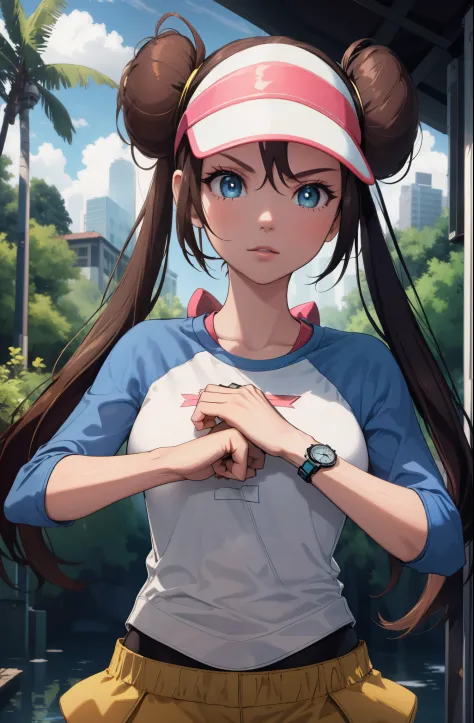 perfect eyes:1.2, detailed eyes:1.4, ro1, hair bun, fist in hand, angry, blue eyes, twintails, long hair, visor cap, pantyhose, ...