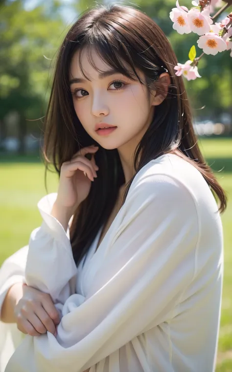 upper body shot、Front view、young beautiful japanese woman、gentle features、super cute face、glossy lips、double eyelids in both eyes、natural makeup, embarrassing, long eyelashes are bright, short bob and light brown hair、hair swaying in the wind, asymmetrical...