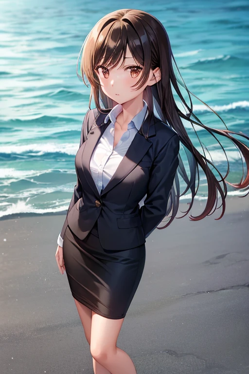 1girl, chizuru mizuhara, beach background, suit, office lady, black skirt, black blazer, pencil skirt, long skirt, white shirt, collared shirt, long hair, teenager, looking at viewer, full body