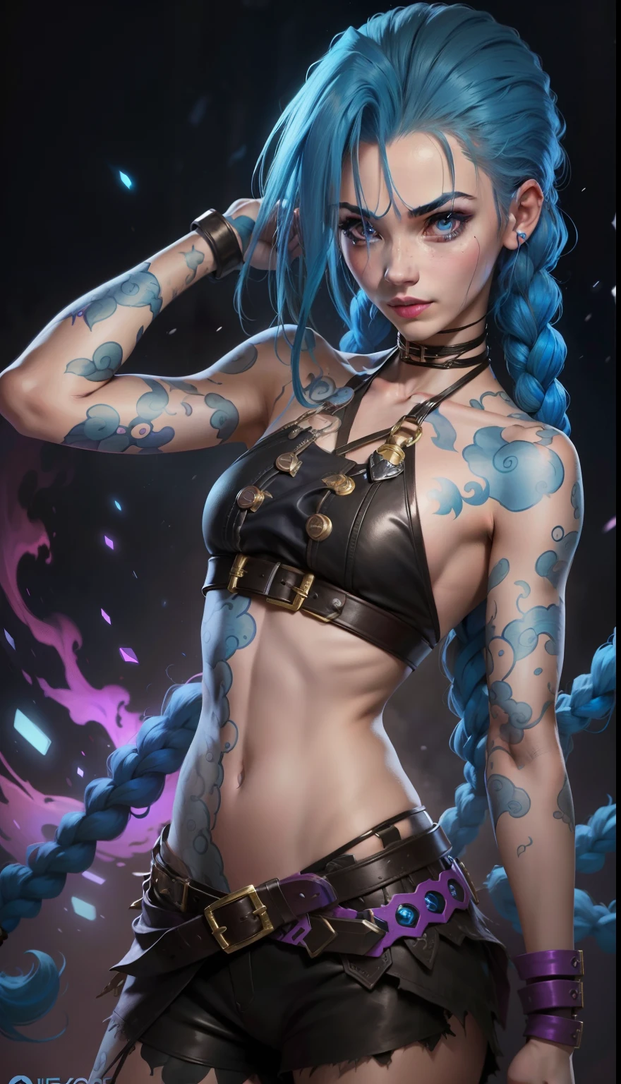 Garota de cabelo azul, Jinx, Arcane. Jinx, girl with twin braids and blue color, Jinx, mulher com tatuagens de nuvens azul, Arcane, Jinx de Arcano 