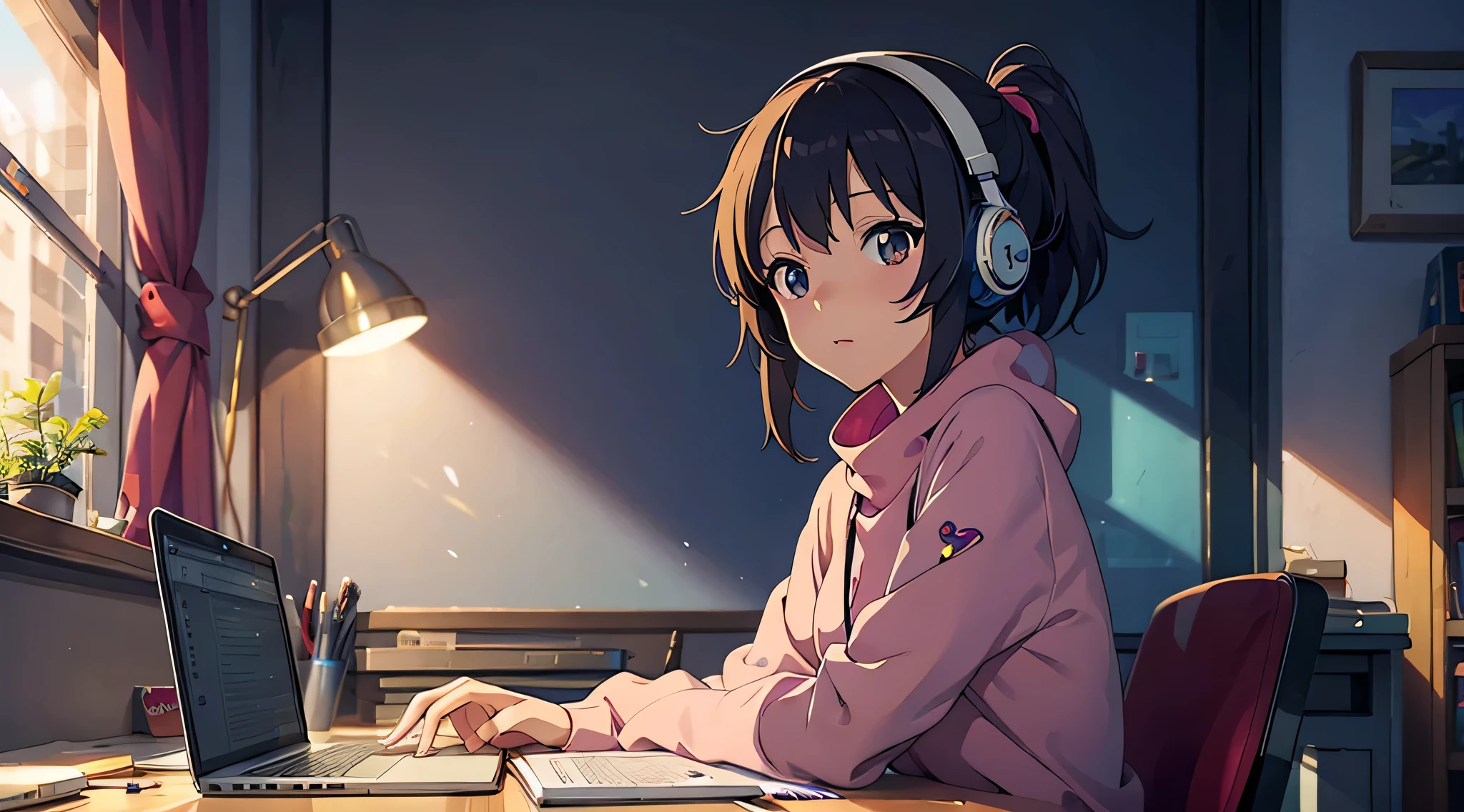 anime Frau sitting at a desk with a laptop and headphones, Nightcore, Anime-Stimmung, IG Studios Anime-Stil, Anime-Stil 4k, Lofi-Mädchen, an anime Frau, Anime-Moe-Kunststil, Makoto, high quality Anime-Kunststil, anime Frau, Kunstwerke im Anime-Stil, young anime Frau, moderner Anime-Stil, Digitale Anime-Illustration, Anime-Kunststil, Anime-Stil