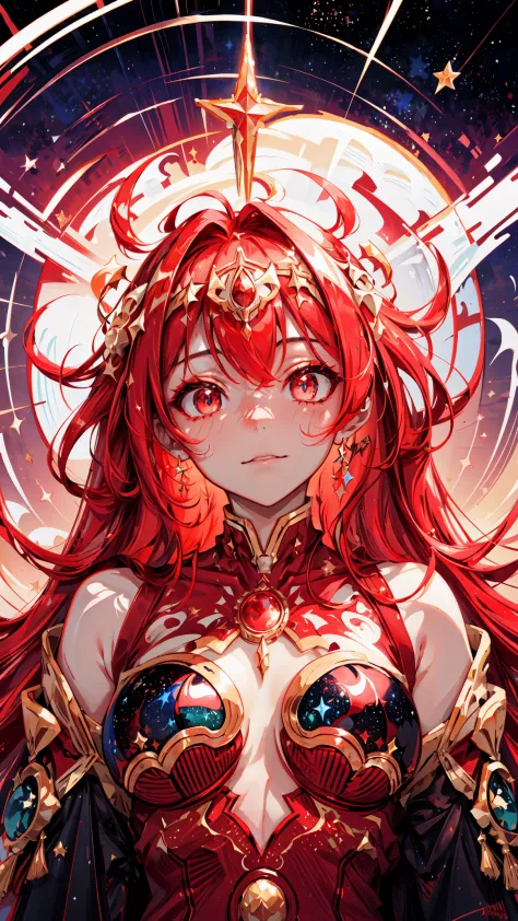 "(best quality, highres, vivid colors:1.2), ultra-detailed, a goddess made of stars and space, red color scheme, cosmic beauty, ...