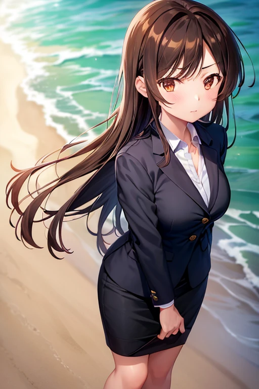 1girl, chizuru mizuhara, beach background, suit, office lady, black skirt, black blazer, pencil skirt, medium skirt, white shirt, collared shirt, long hair, teenager, looking at viewer, full body