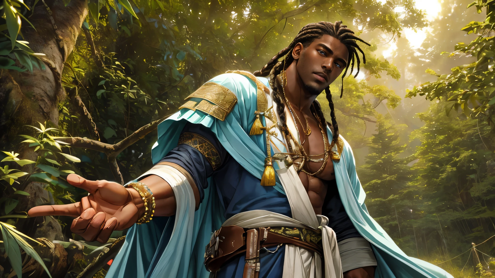(absurdres, highres, ultra detailed, HDR), masterpiece, best quality, 1boy, (dark-skinned Haitian man), long white cornrows, stubble, handsome face, baby blue eyes, (handsome(from below:1.1)) detailed exterior, detailed character, wearing open flowing ice wizard's robe with sleeves rolled up revealing magic rune tattooed forearms, wearing large chunky jeweled magical bracelets, standing outside on rope bridge along dense cannabis indica tree tundra forest canopy during golden hour atmosphere