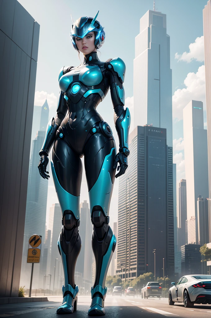 The image features a robotic figure standing in a city environment. The robot is wearing a silver suit and has a blue visor on its head. It appears to be a futuristic, metallic character, possibly from a video game or a sci-fi movie.

The cityscape around the robot includes a few cars, with one car positioned to the left of the robot and another car further to the right. There are also two traffic lights in the scene, one located near the center and the other towards the right side. The overall setting suggests a futuristic urban landscape.
